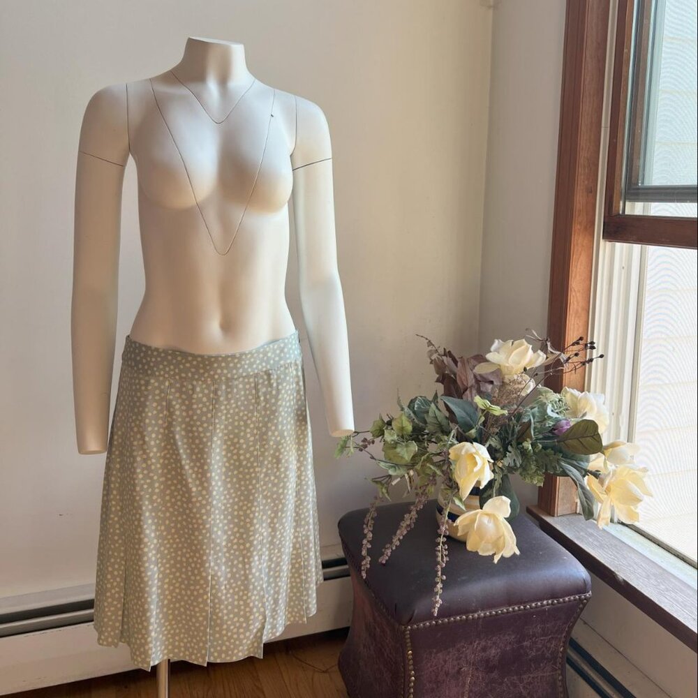 Pleated Silk Mid Length Polka Dot Skirt in light blue